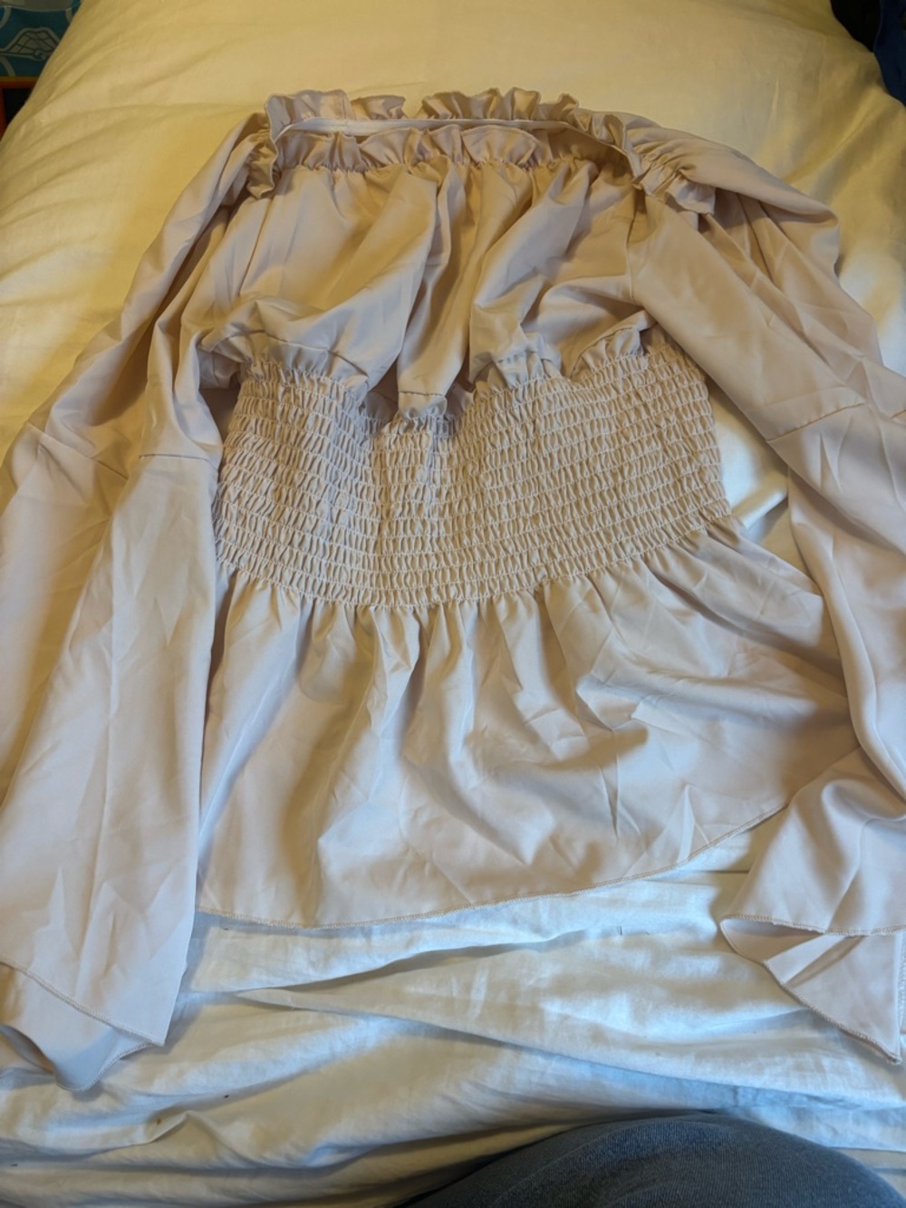 Smocked Off-Shoulder Blouse in Pale Beige